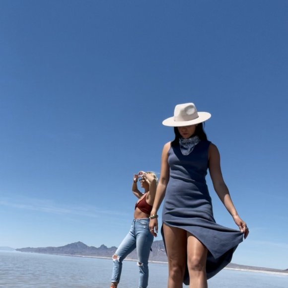 BLUE HIGH NECK DRESS WITH SLIT - Picture 2 of 4